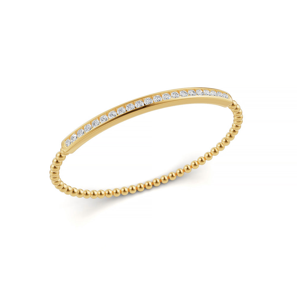 Elegant 14k Yellow Gold diamond bangle, showcasing 1.49 CTW lab grown diamond, side profile view.