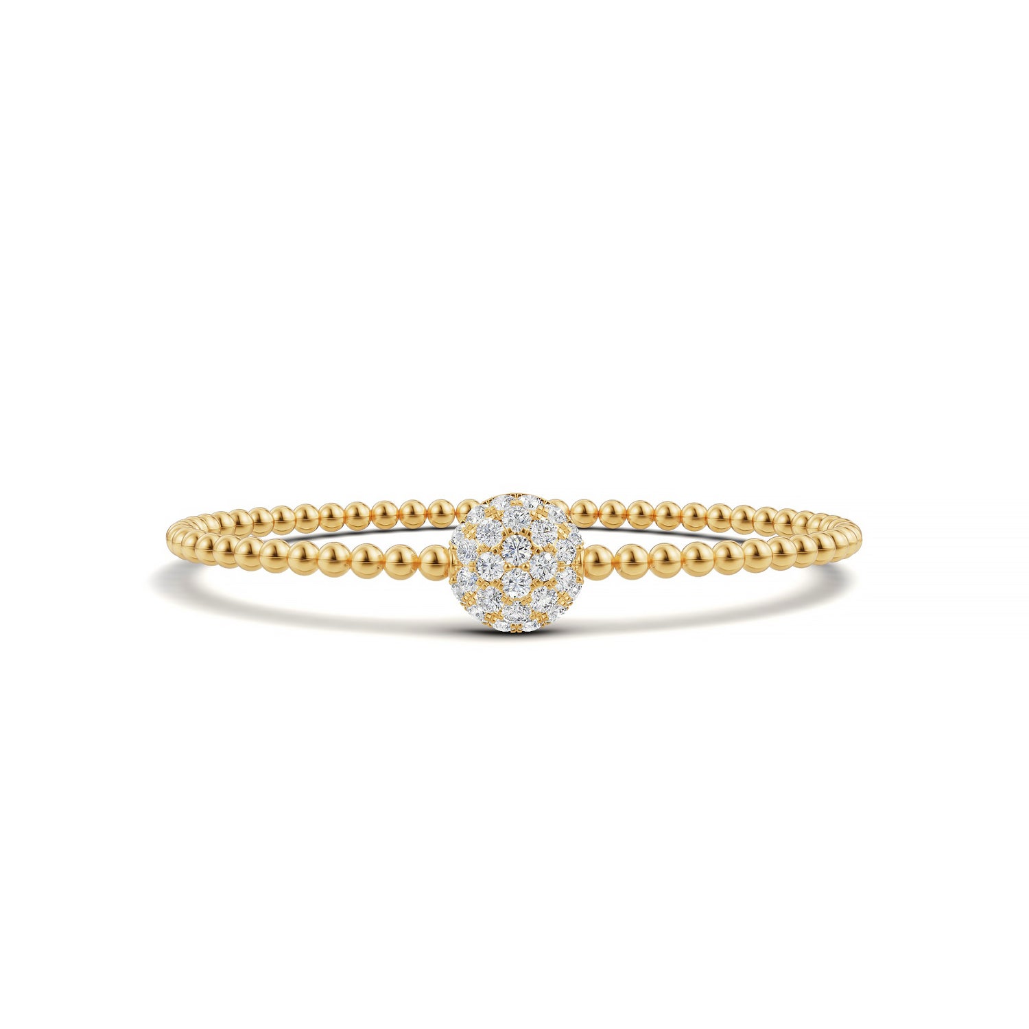 14k Yellow Gold diamond bangle, set with 1.32 CTW lab grown diamond, in a round cut, close-up detail shot.