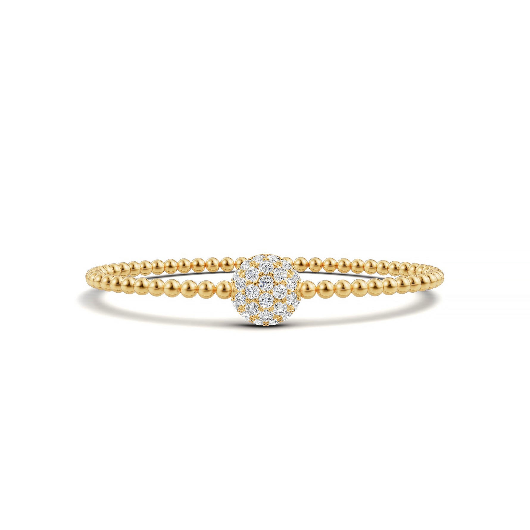 14k Yellow Gold diamond bangle, set with 1.32 CTW lab grown diamond, in a round cut, close-up detail shot.