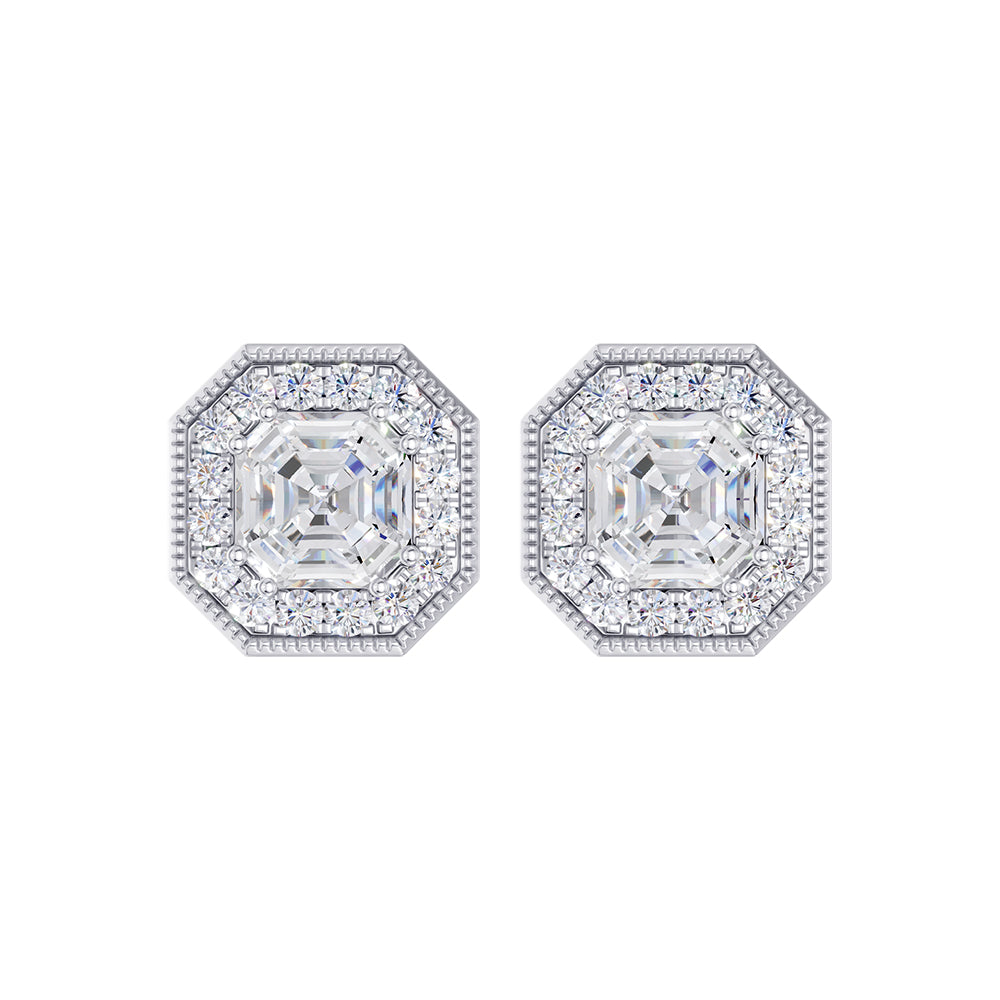 Earrings in 14k White Gold, showcasing 1.82 CTW lab diamond, in a asscher / round cut, close-up detail shot.