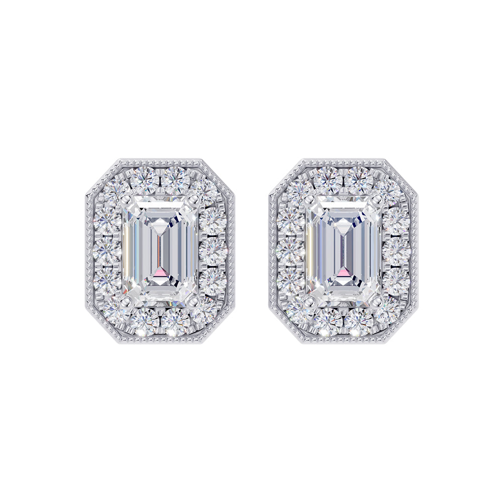 Elegant 14k White Gold earrings, featuring 1.881 CTW lab diamond, in a emerald / round cut, close-up detail shot | Picasso Gold & Diamond Jewelry.