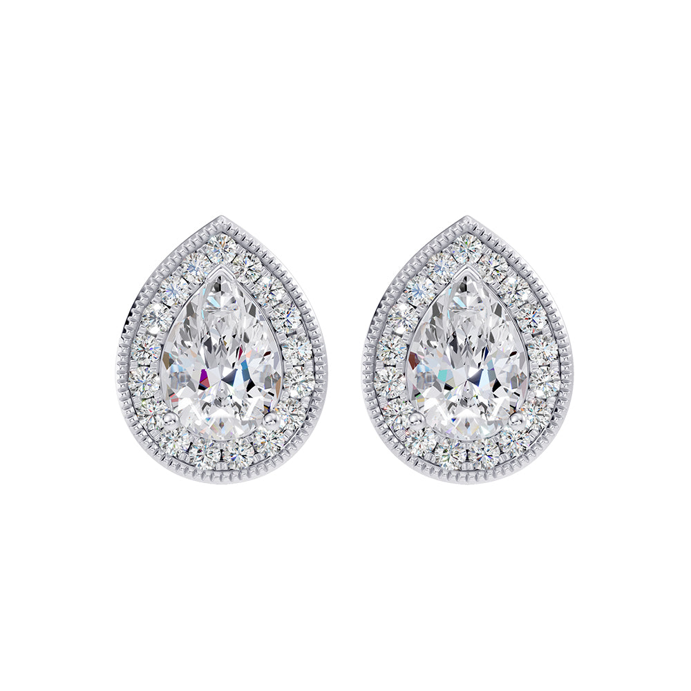 Earrings in 14k White Gold, featuring 1.89 CTW lab diamond, in a pear / round cut, close-up detail shot.
