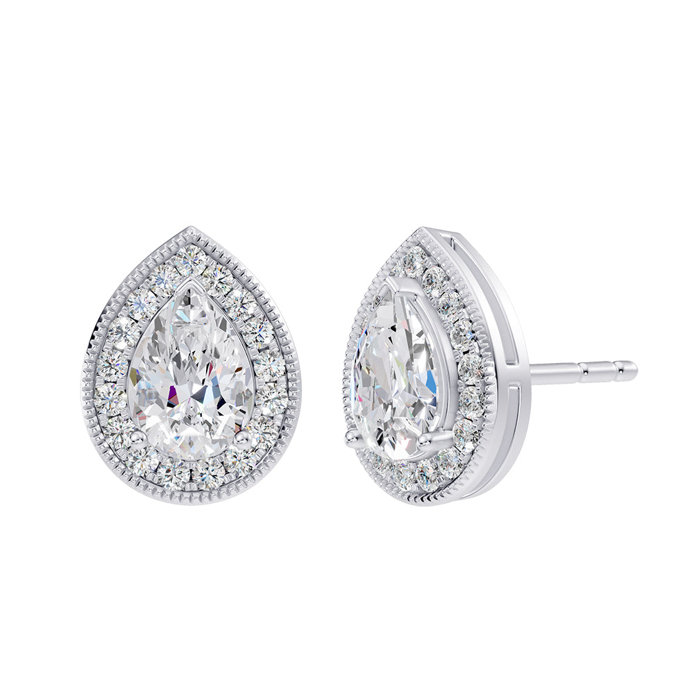 Handcrafted 14k White Gold earrings, set with 1.89 CTW lab diamond, side profile view.