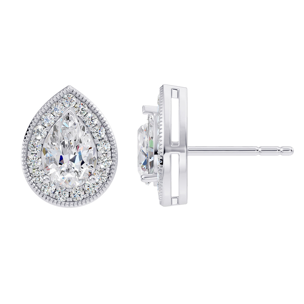 Classic 14k White Gold earrings, set with 1.89 CTW lab diamond, worn lifestyle shot.