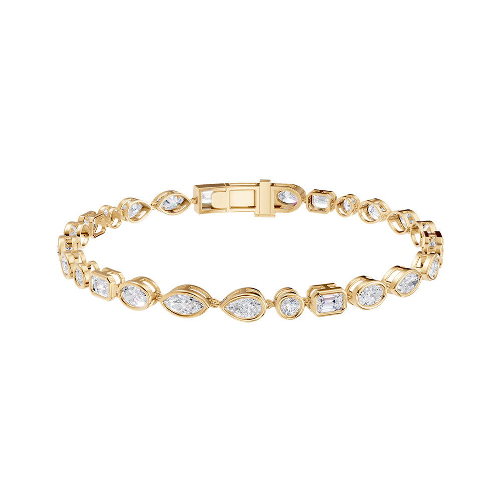 Elegant 14k Yellow Gold tennis bracelet, showcasing 4.935 CTW lab diamond, with pear / emerald / oval / marquise / round-cut stones.