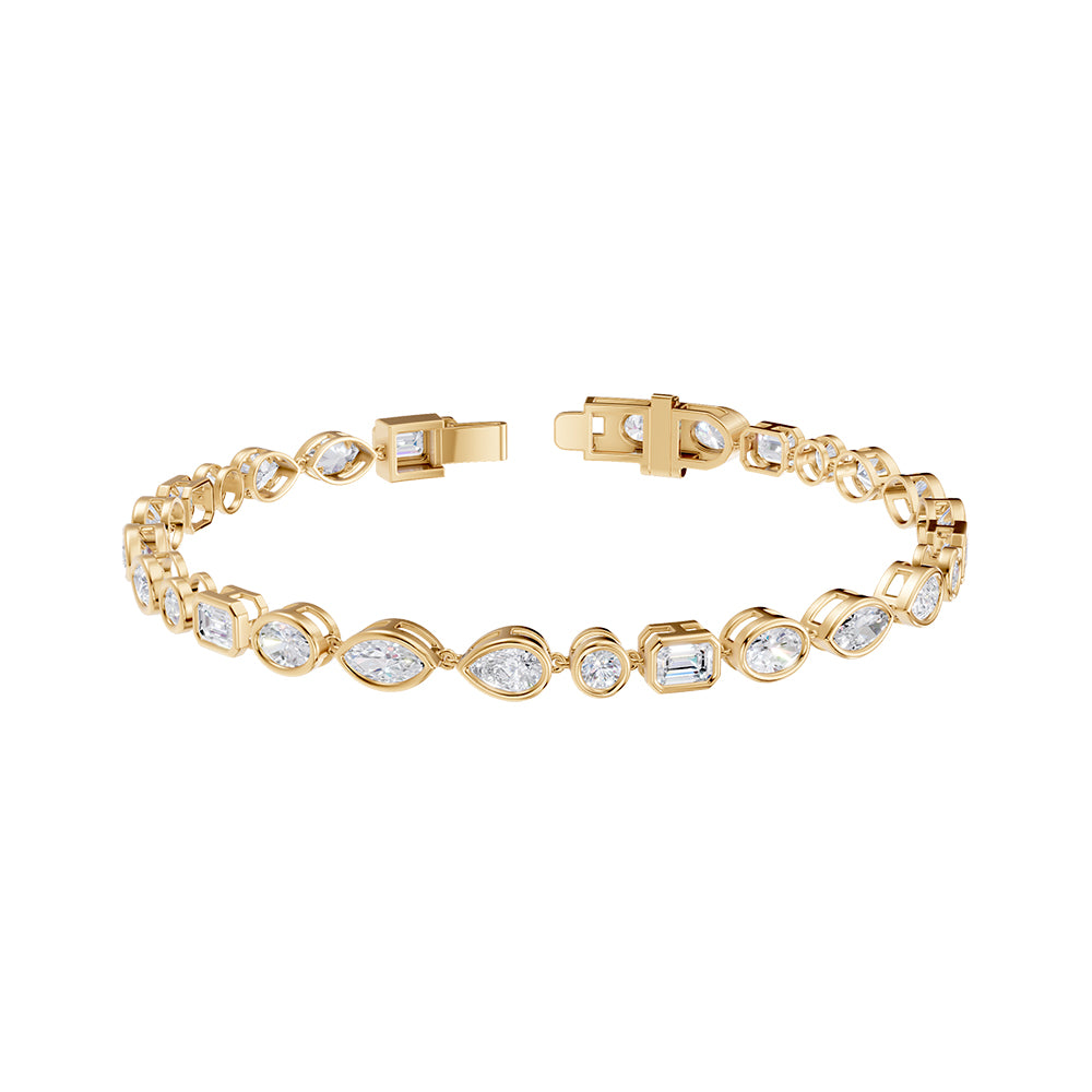 14k Yellow Gold tennis bracelet, set with 4.935 CTW lab diamond, side profile view.