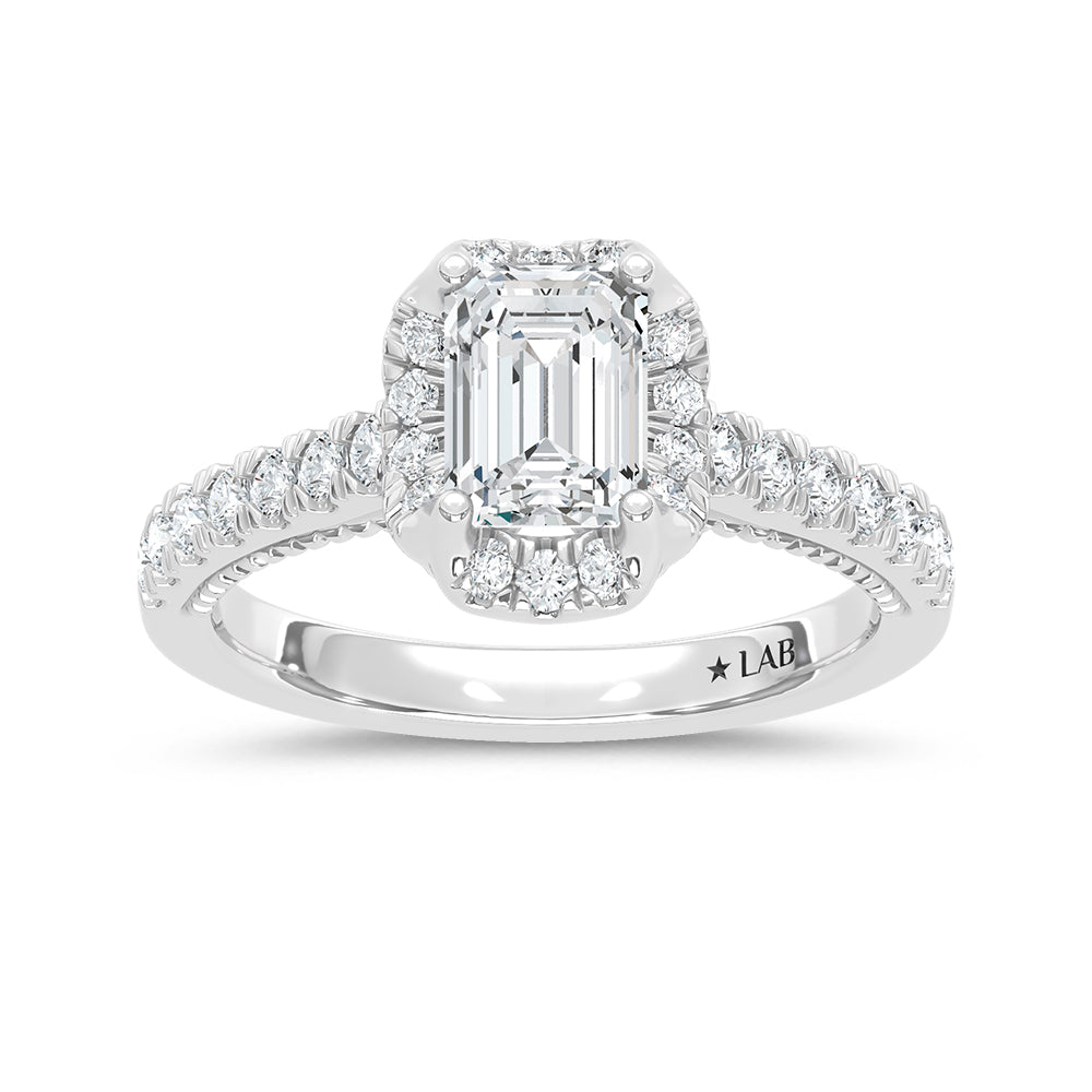 14K White Gold lab-grown diamond 1 1/2 ct.tw. emerald-cut engagement ring, front view | Picasso Gold & Diamond Jewelry.