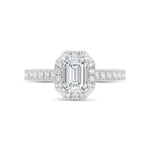 14K White Gold lab-grown diamond 1 1/2 ct.tw. emerald-cut engagement ring, close-up detail shot.