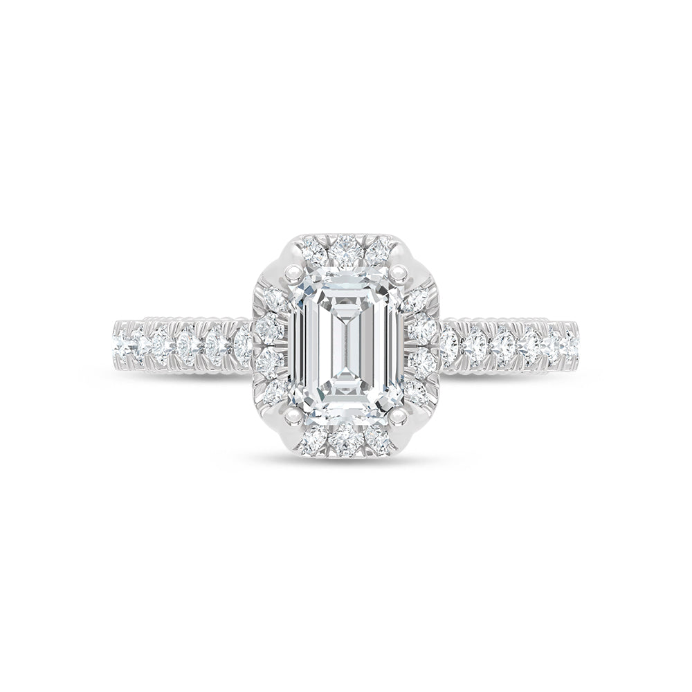 14K White Gold lab-grown diamond 1 1/2 ct.tw. emerald-cut engagement ring, close-up detail shot.