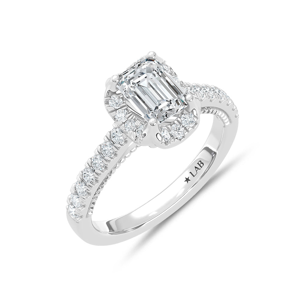 14K White Gold lab-grown diamond 1 1/2 ct.tw. emerald-cut engagement ring, side profile view.