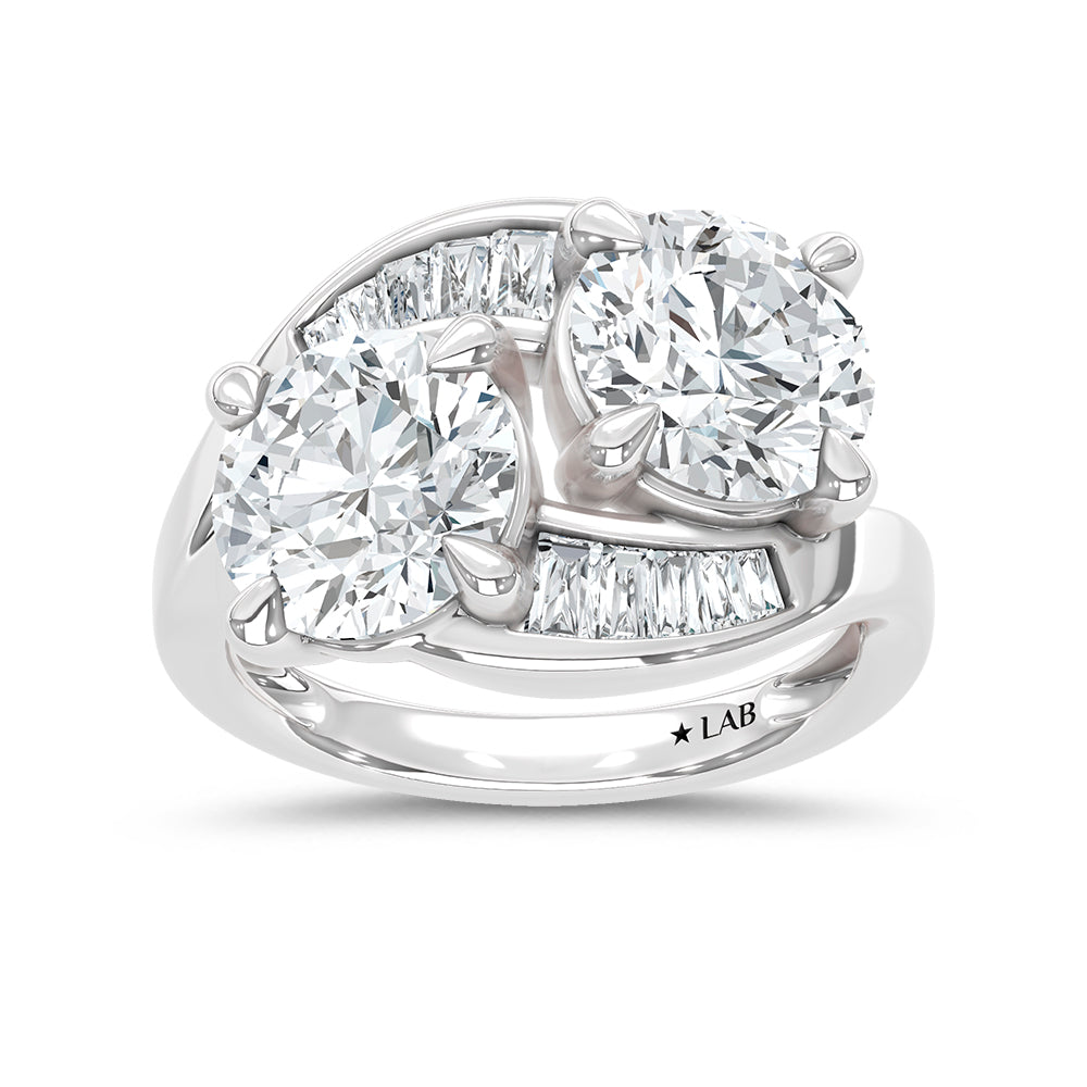 14k White Gold ring, showcasing 5.27 CTW lab diamond, with tapper-cut stones, close-up detail shot | Picasso Gold & Diamond Jewelry.