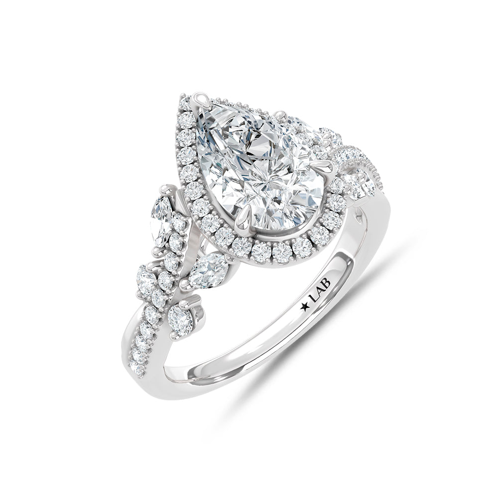 14K White Gold lab-grown diamond 2 3/4 ct.tw. pear-shape engagement ring, side profile view.