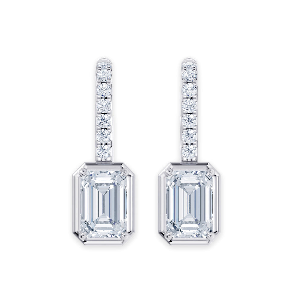 Elegant 14k White Gold dangle earrings, featuring 8 CT lab-grown diamond, side profile view.