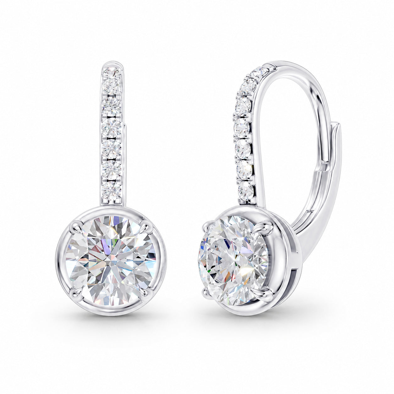 Elegant 14k White Gold dangle earrings, set with 1.657 CTW lab diamond, with round-cut stones, close-up detail shot.
