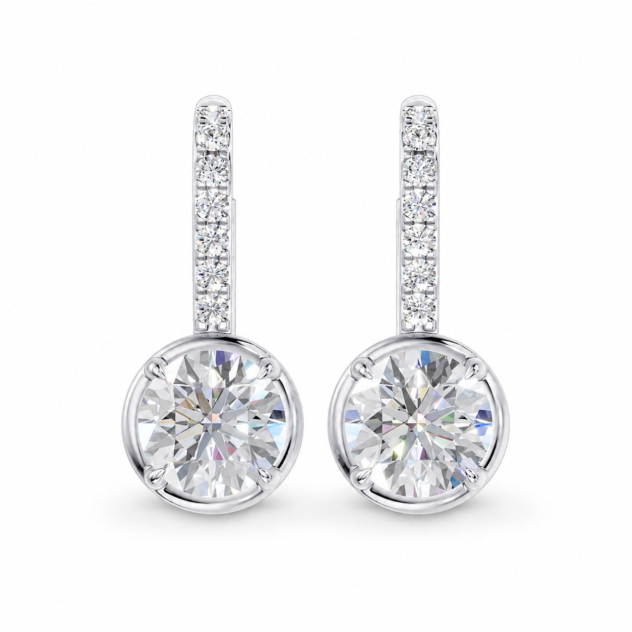 Handcrafted 14k White Gold dangle earrings, featuring 1.657 CTW lab diamond, side profile view.