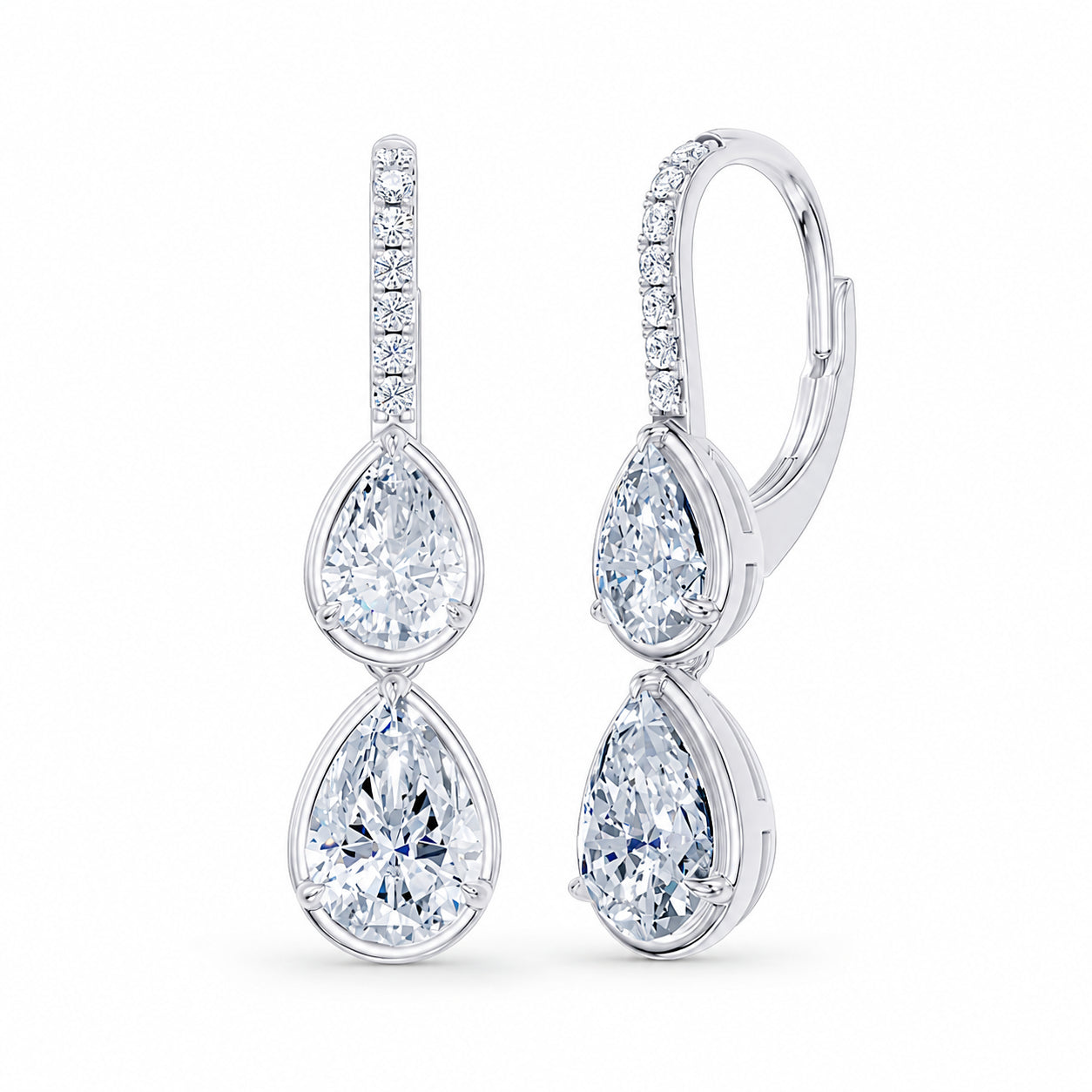 Handcrafted 14k White Gold dangle earrings, featuring 3.1 CT lab-grown diamond, with pear-cut stones, close-up detail shot.