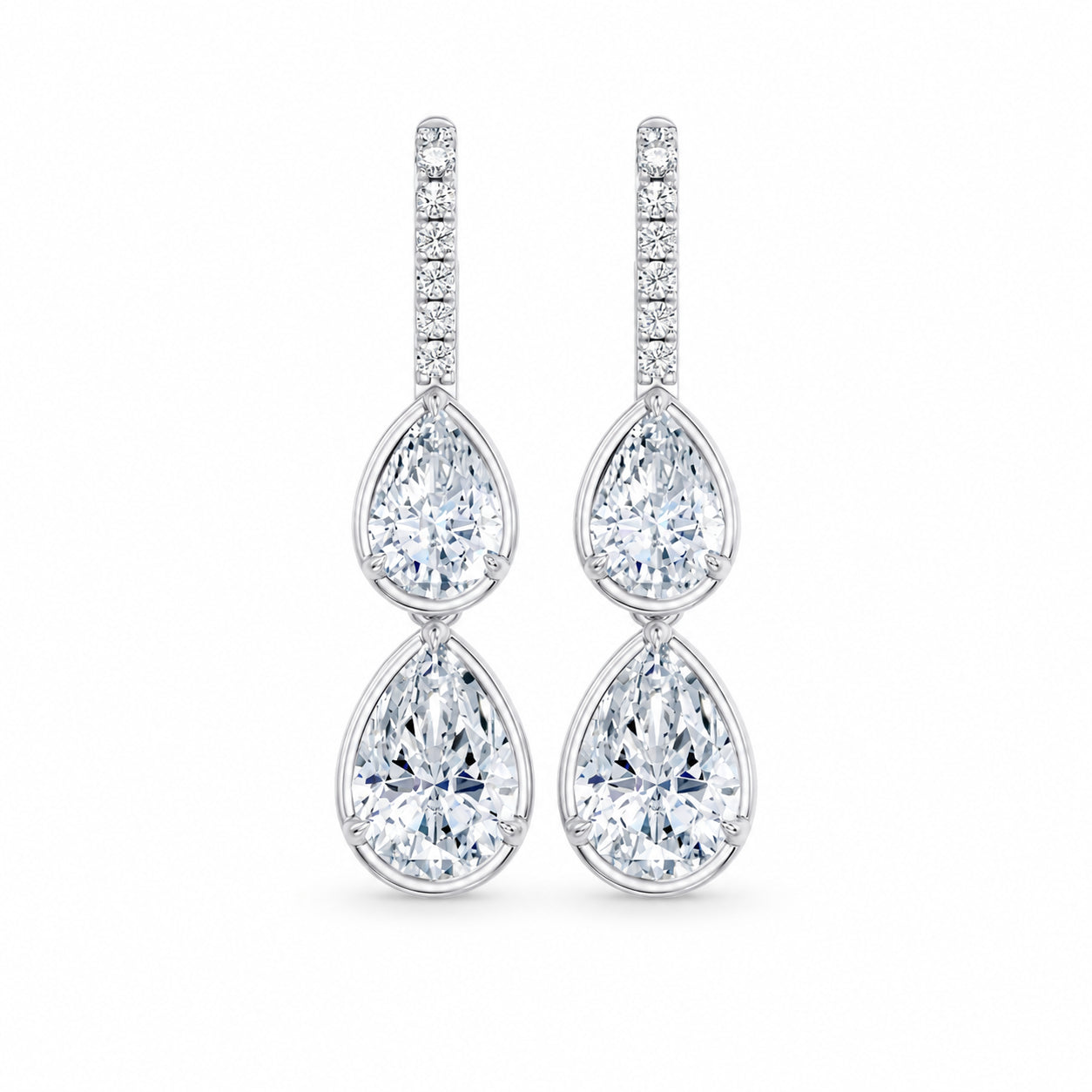 Elegant 14k White Gold dangle earrings, set with 3.1 CT lab-grown diamond, side profile view.
