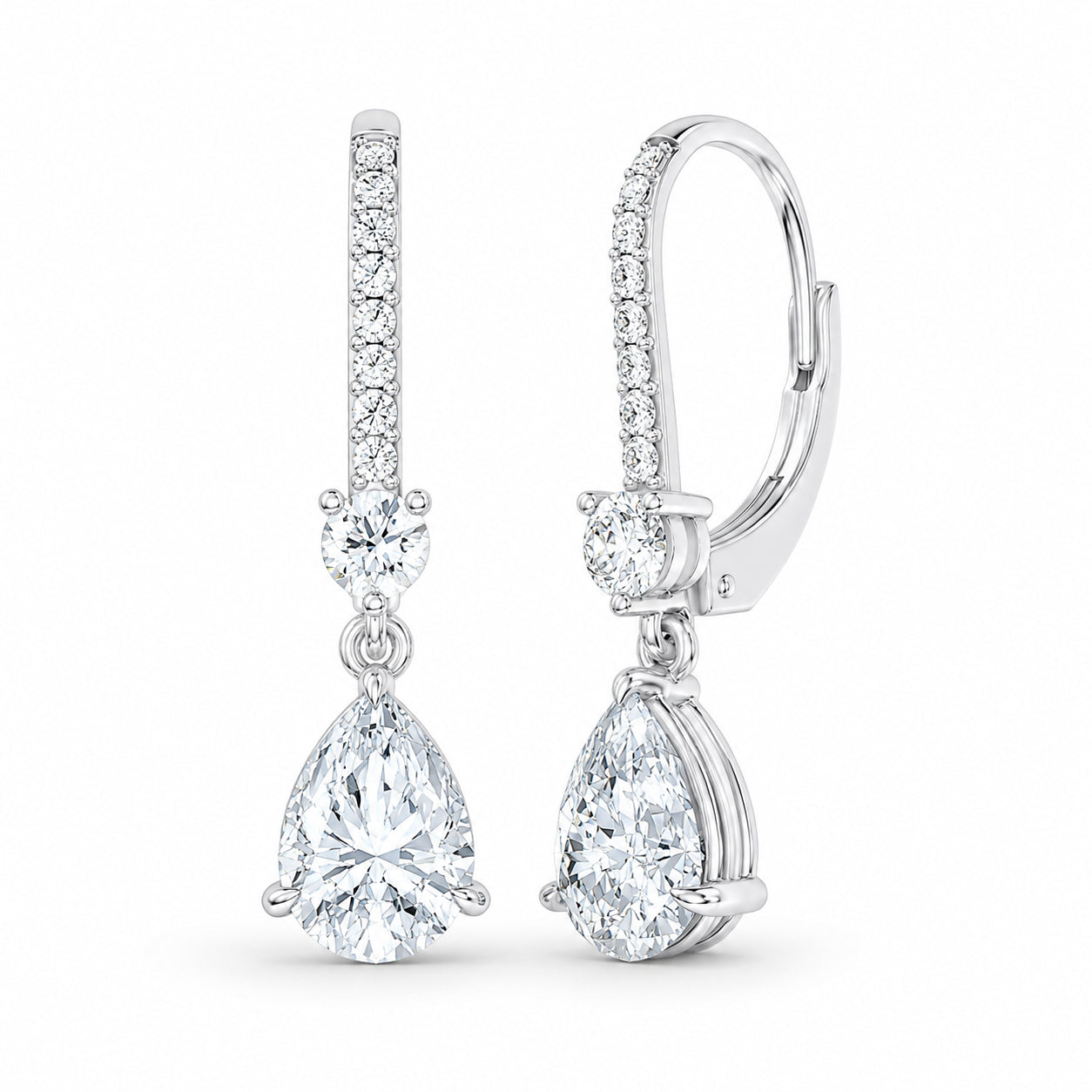 Elegant 14k White Gold earrings, showcasing 8 CT lab-grown diamond, with pear-cut stones, close-up detail shot.