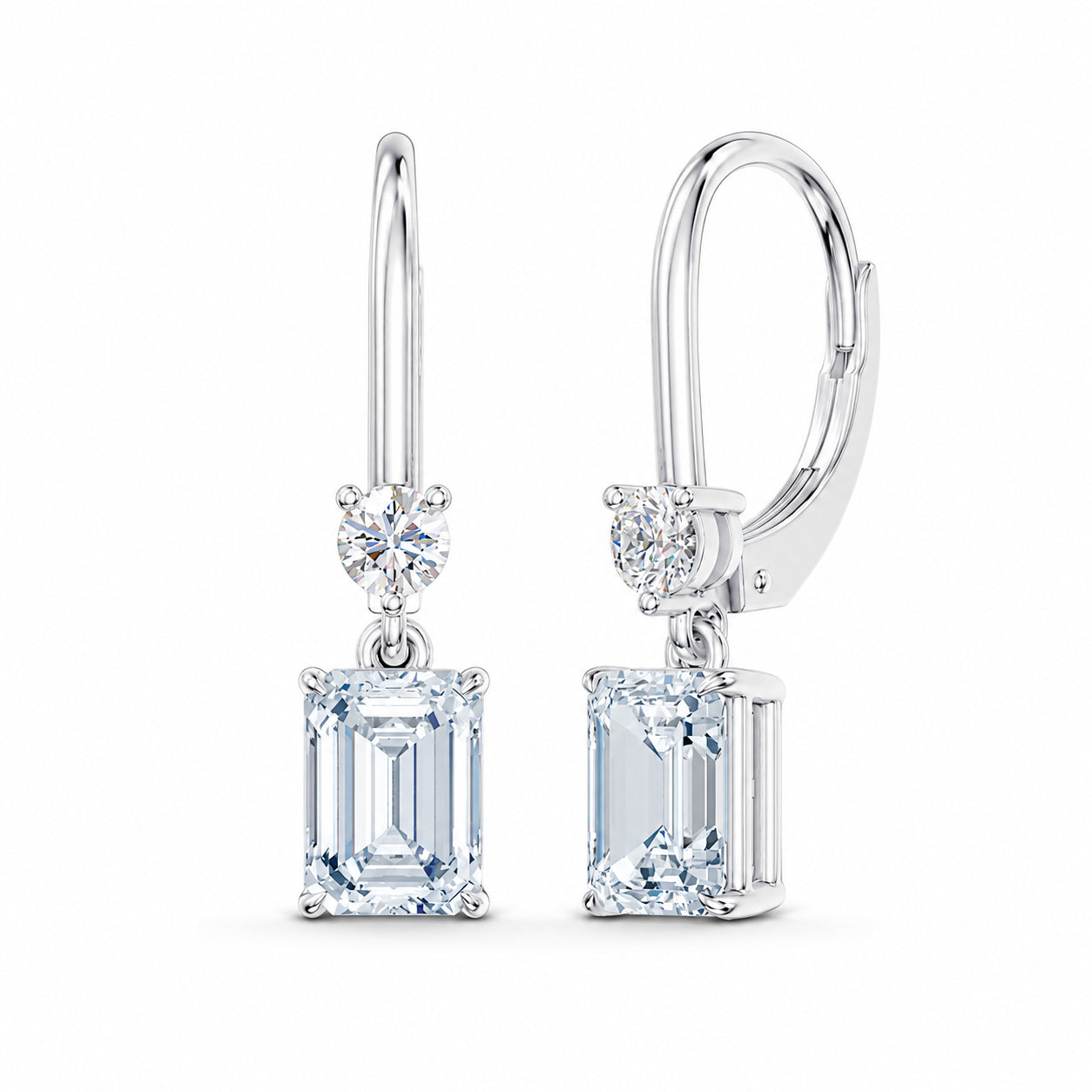 Elegant 14k White Gold earrings, showcasing 2.29 CTW lab diamond, in a emerald / round cut, close-up detail shot.