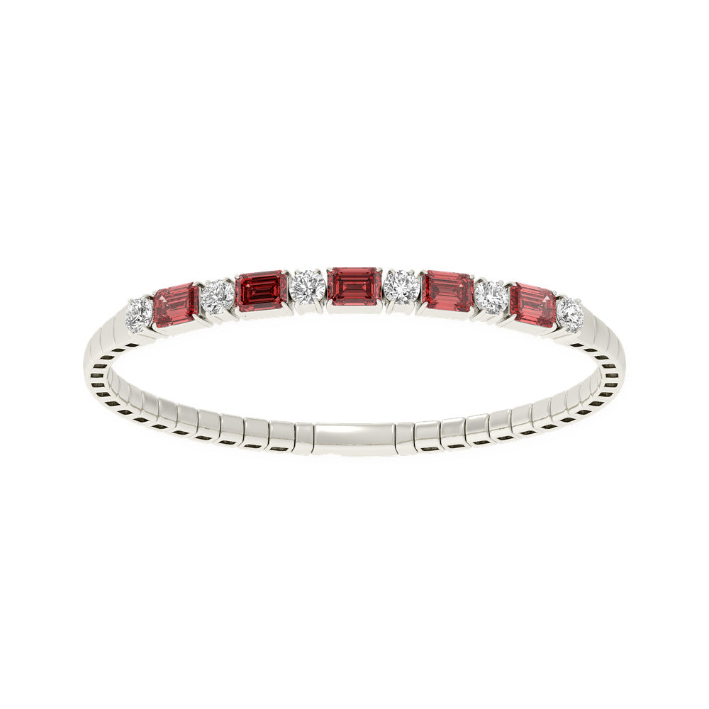 Classic 14k White Gold diamond bangle, featuring 6.5 CTW lab diamond / lab ruby, with round / elongated cushion-cut stones, close-up detail shot.