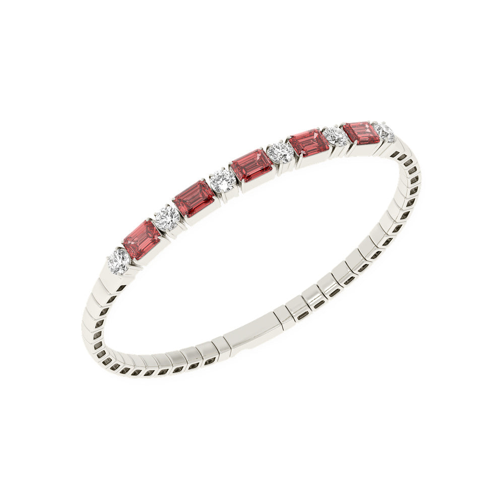 Diamond bangle in 14k White Gold, featuring 6.5 CTW lab diamond / lab ruby, worn lifestyle shot, handcrafted, ships free nationwide.