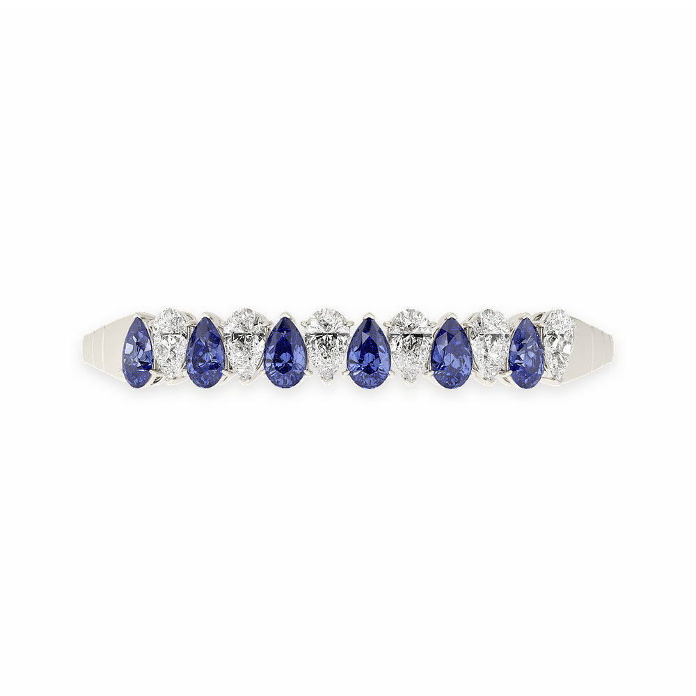 Elegant 14k White Gold diamond bangle, set with 12 CTW lab diamond / lab blue sapphire, side profile view.