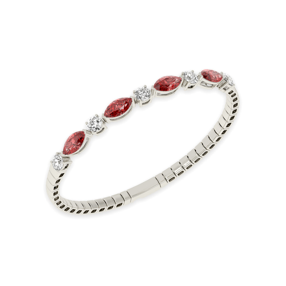 Handcrafted 14k White Gold diamond bangle, showcasing 6.5 CTW lab diamond / lab ruby, worn lifestyle shot.