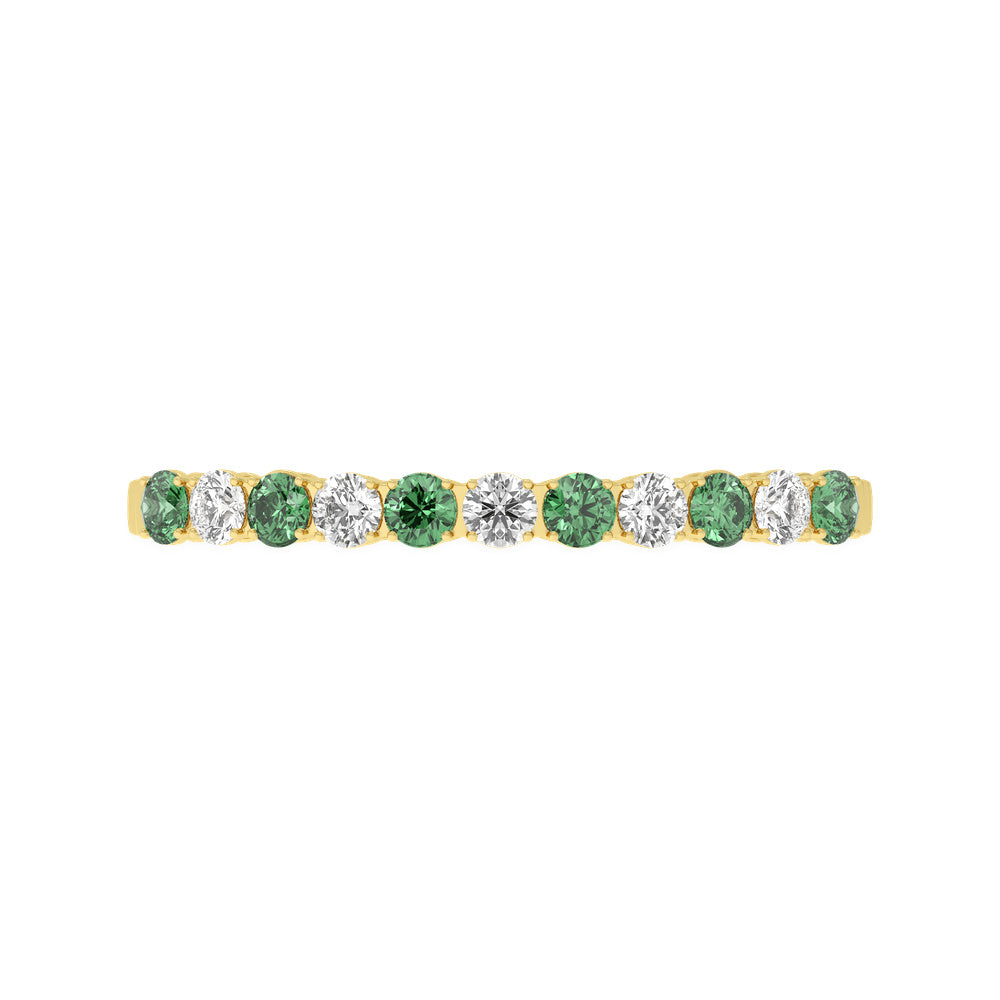 14k Yellow Gold diamond bangle, set with 11 CTW lab diamond / lab emerald, side profile view.