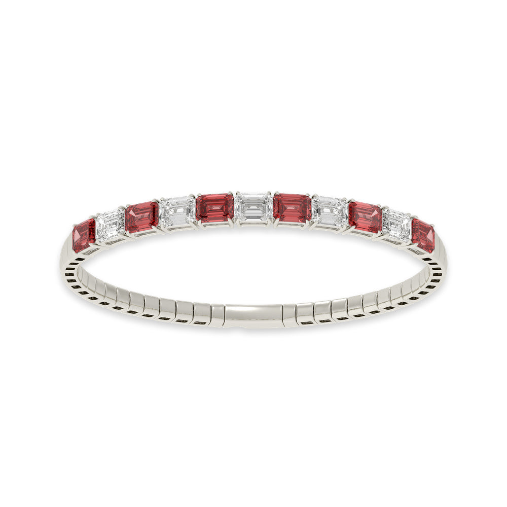 Handcrafted 14k White Gold diamond bangle, featuring 11 CTW lab diamond / lab ruby, with elongated cushion-cut stones, close-up detail shot.