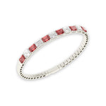 Elegant 14k White Gold diamond bangle, set with 11 CTW lab diamond / lab ruby, worn lifestyle shot, Chicago fine jewelry, nationwide shipping.