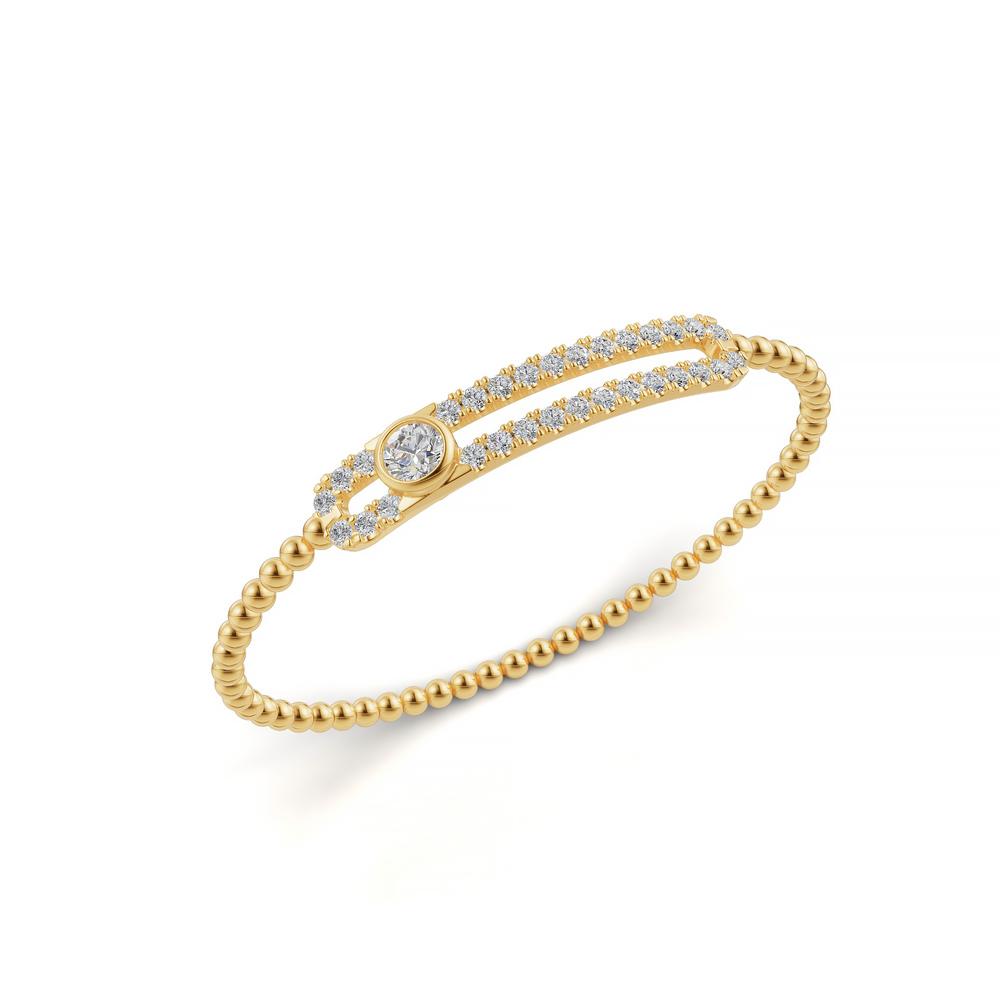 Elegant 14k Yellow Gold diamond bangle, set with 2 CTW lab grown diamond, side profile view.