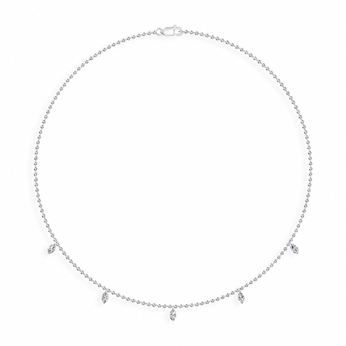 14K White Gold lab-grown diamond 1 ct.tw. five-station marquise drill diamond necklace, front view.