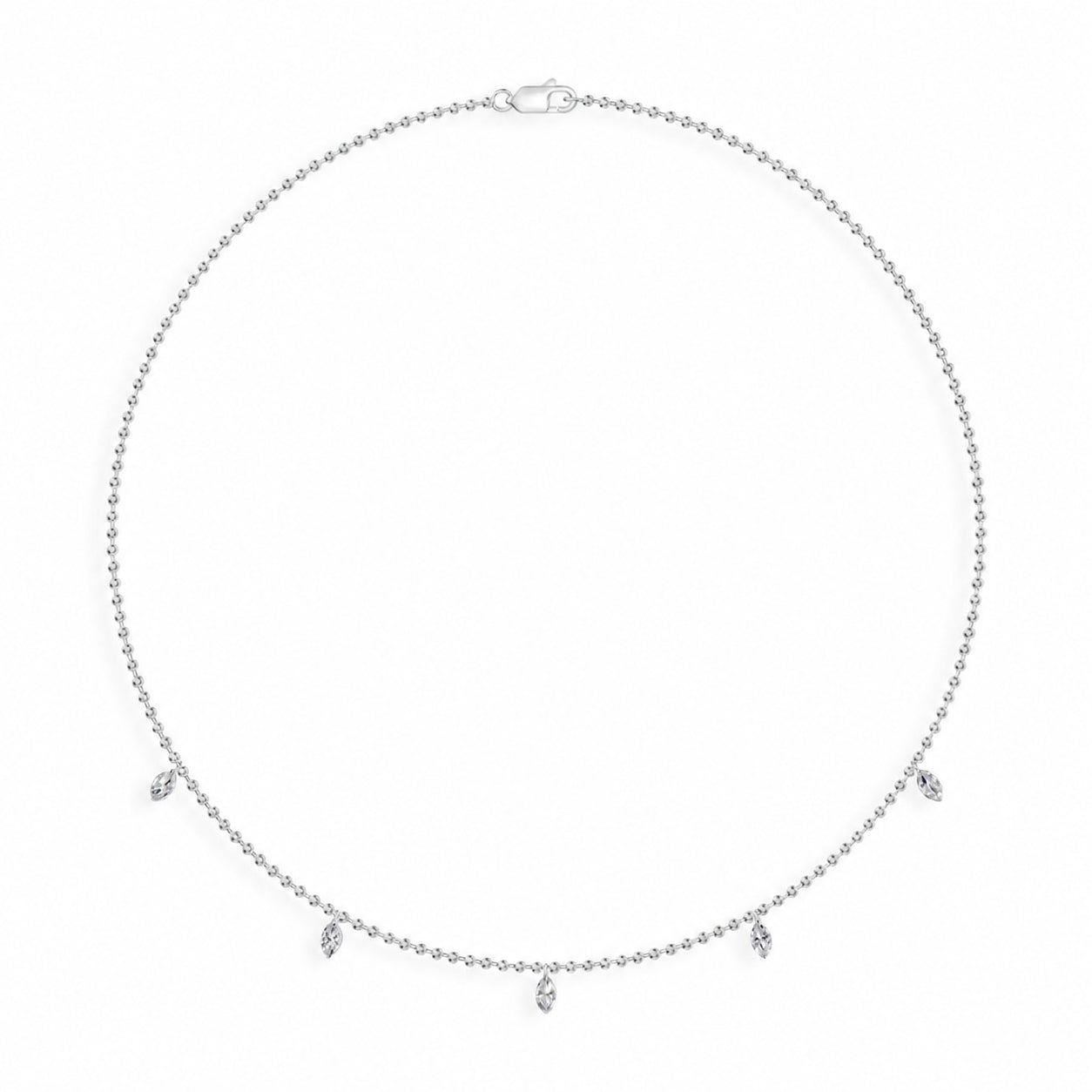 14K White Gold lab-grown diamond 1 ct.tw. five-station marquise drill diamond necklace, front view.
