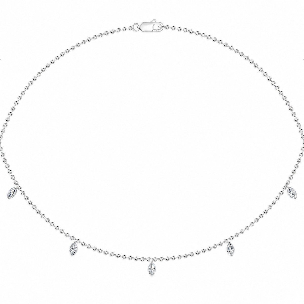 14K White Gold lab-grown diamond 1 ct.tw. five-station marquise drill diamond necklace, close-up detail shot.