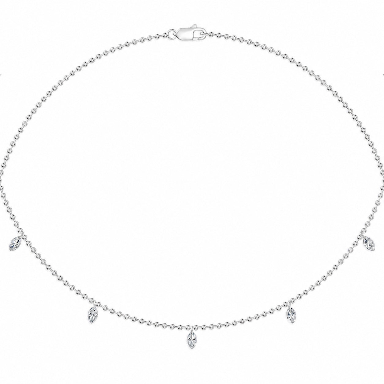 14K White Gold lab-grown diamond 1 ct.tw. five-station marquise drill diamond necklace, close-up detail shot.