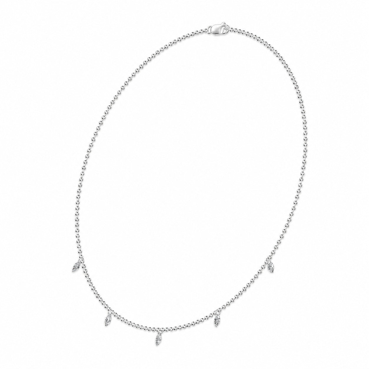 14K White Gold lab-grown diamond 1 ct.tw. five-station marquise drill diamond necklace, side profile view.