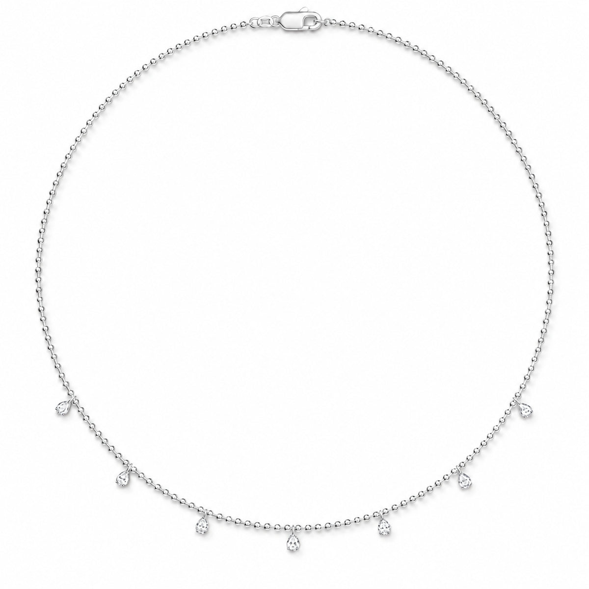 14K White Gold lab-grown diamond 1 ct.tw. seven-station pear-shape drill diamond necklace, front view.
