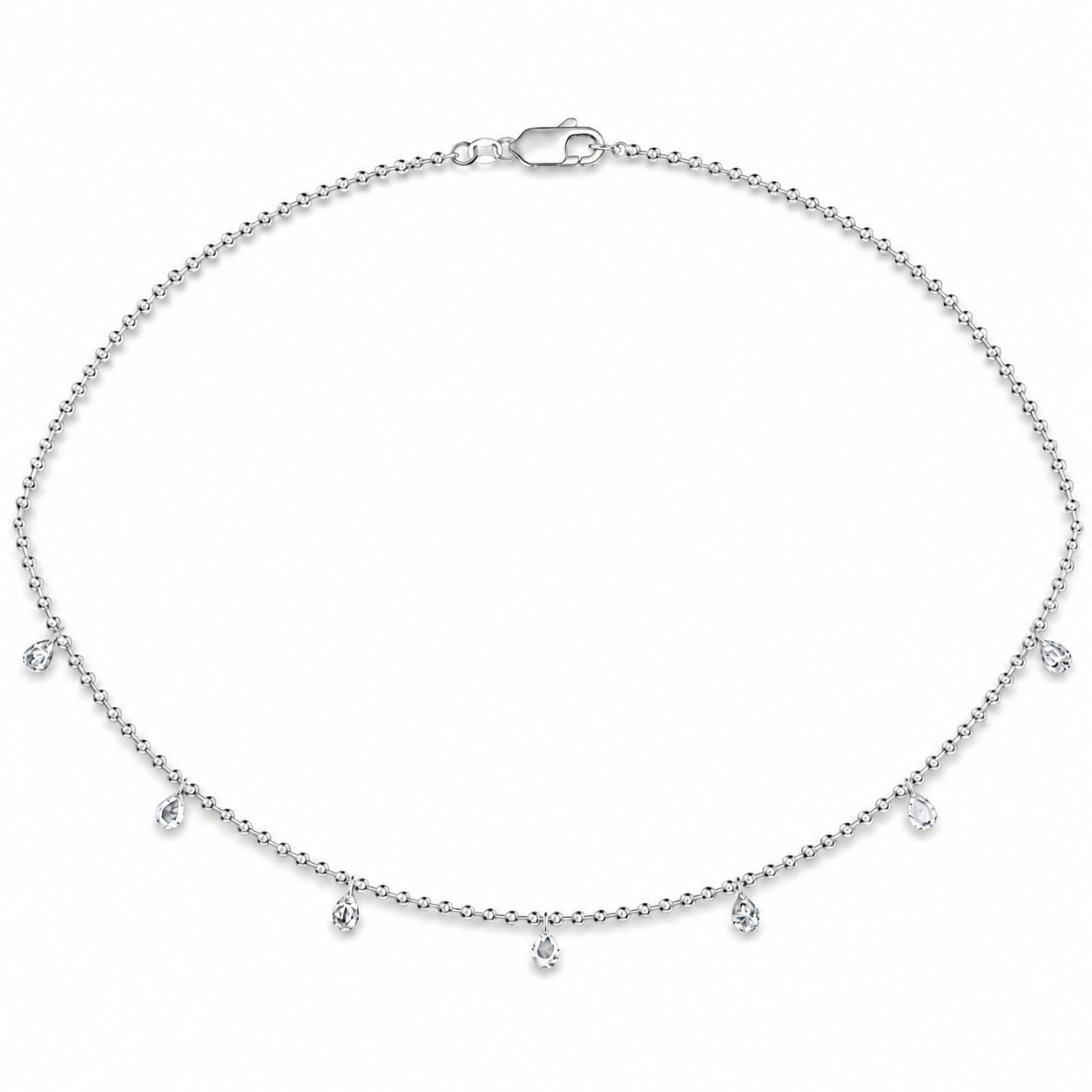 14K White Gold lab-grown diamond 1 ct.tw. seven-station pear-shape drill diamond necklace, close-up detail shot.