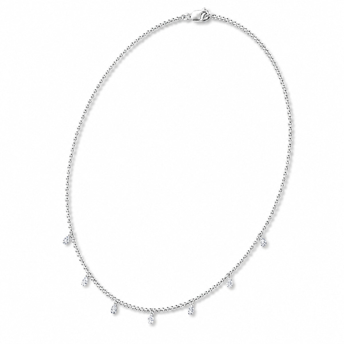 14K White Gold lab-grown diamond 1 ct.tw. seven-station pear-shape drill diamond necklace, side profile view.