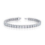 Handcrafted 925 Silver tennis bracelet, set with 5 CTW lab grown diamond, with round-cut stones, close-up detail shot.