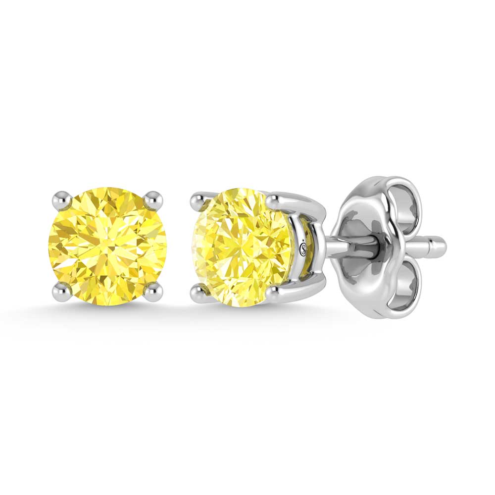 Elegant 14k White Gold stud earrings, set with 0.5 CTW lab grown blue diamond, side profile view.