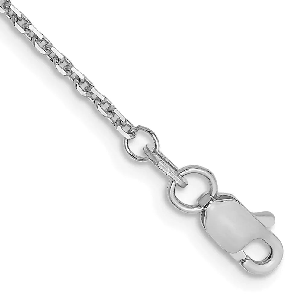 14K White Gold cable chain at 1.4mm, high-polish diamond-cut design, close-up studio shot.