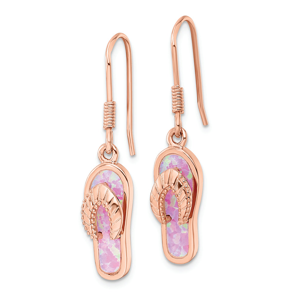 Sterling Silver Rose-tone Pink Created Opal Inlay Flip Flop Dangle Earrings