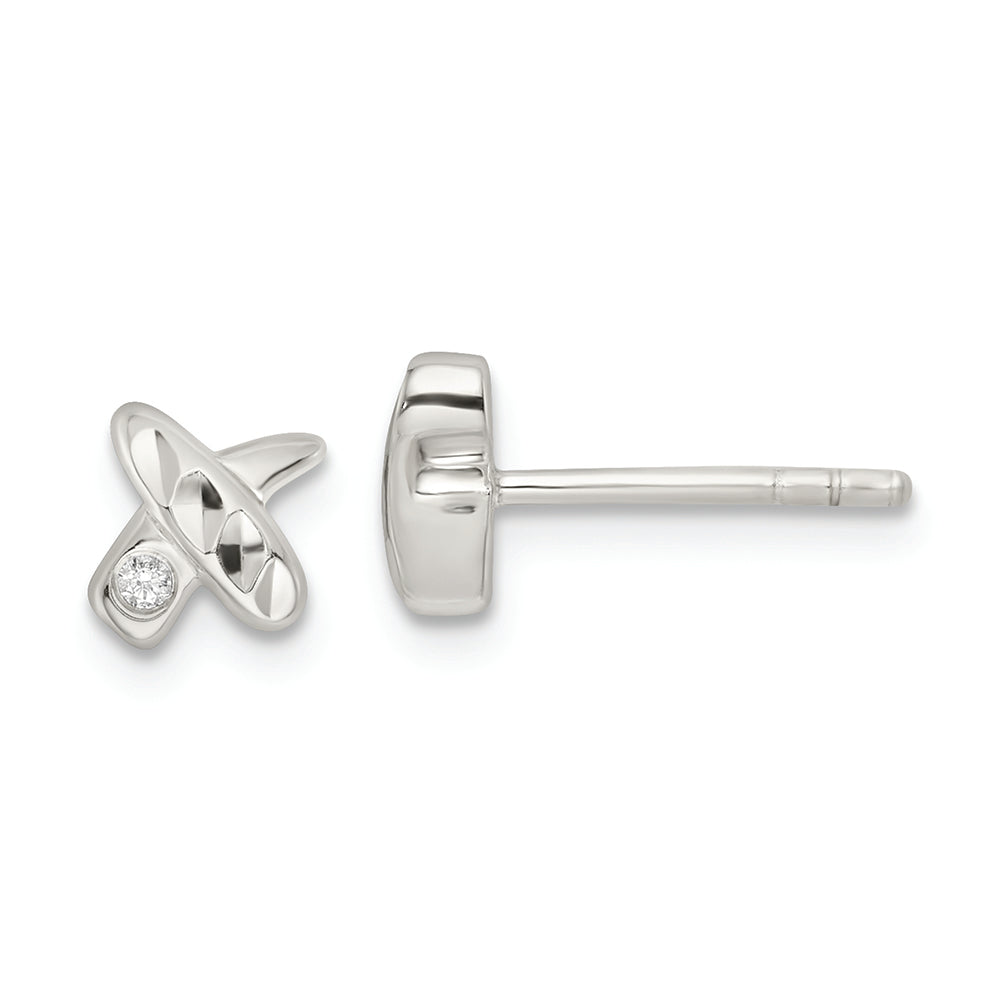 Sterling Silver Polished D/C X CZ Post Earrings