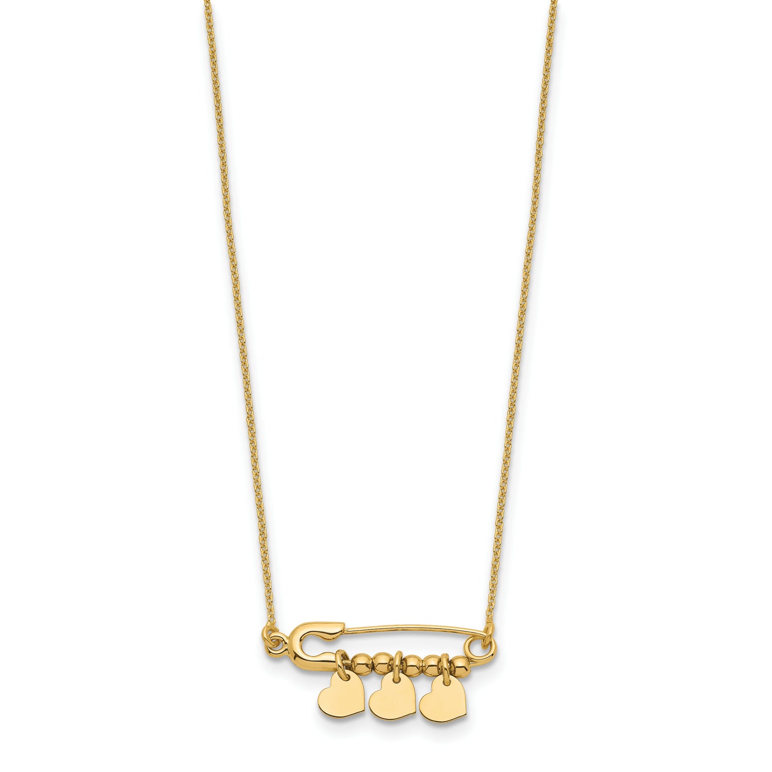14K Safety Pin with Dangle Hearts Necklace