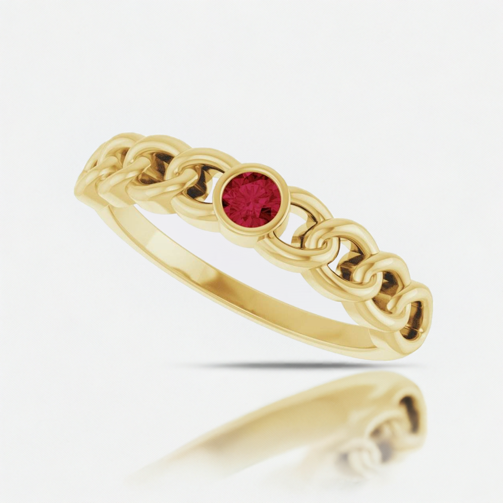 14K Yellow Gold Natural Ruby Curb Chain Ring – Bezel-Set Design - Picasso Gold & Diamond Jewelry