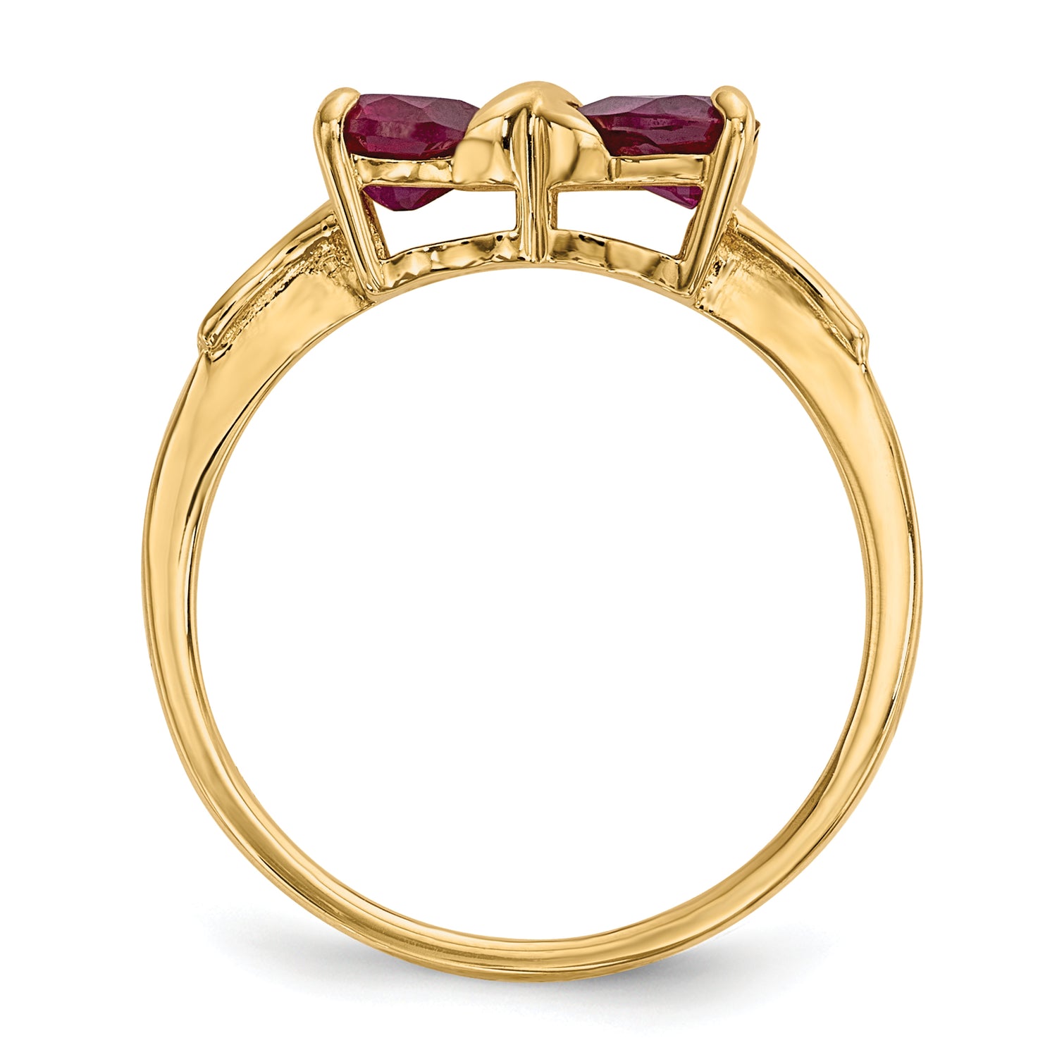 14K Yellow Gold Created Ruby Bow Ring – Polished Heart-Cut Design