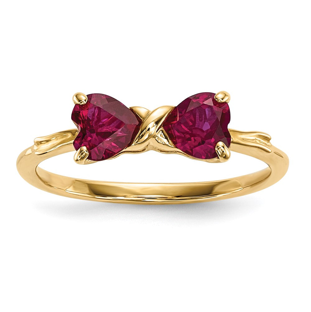 14K Yellow Gold Created Ruby Bow Ring – Polished Heart-Cut Design