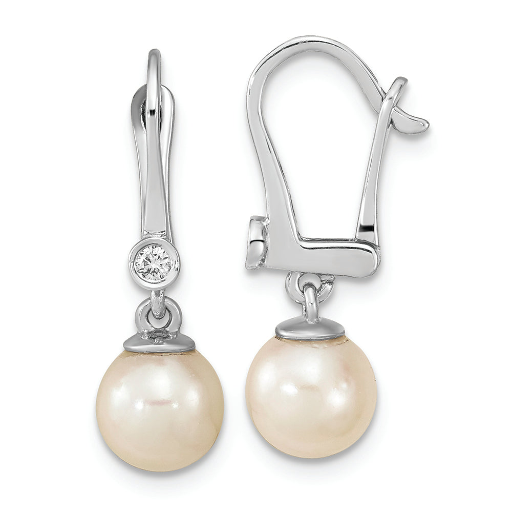 14K White Gold 7-8mm Round White Saltwater Akoya Pearl .05ct Dangle Earring