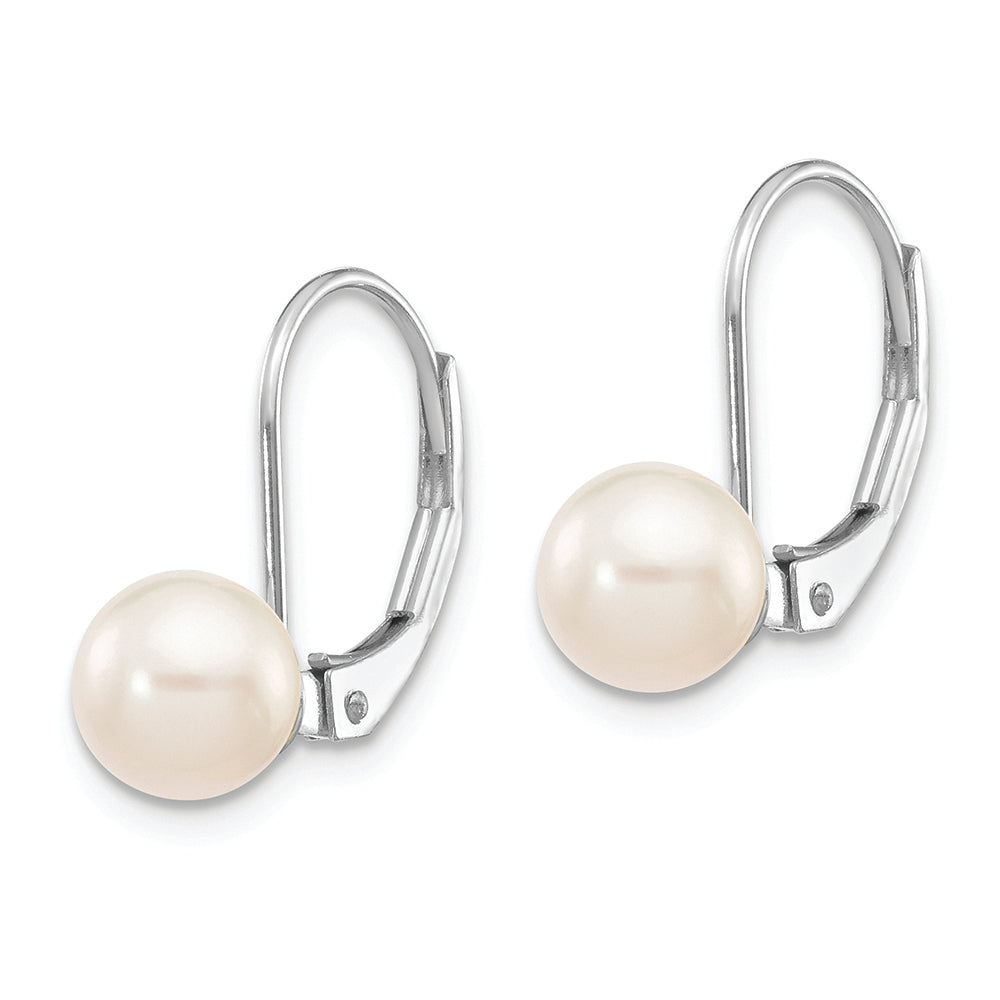 14K White Gold 6-7mm Round White Akoya Pearl Leverback Earrings